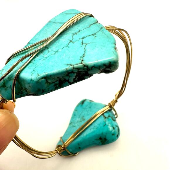 Faux Turquoise Nugget Wire Wrapped Bracelet Bangle Western Coastal Cowgirl - Picture 7 of 8